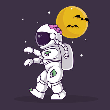 cartoon astronaut zombie walk on the halloween night vector file every object is on separated layer