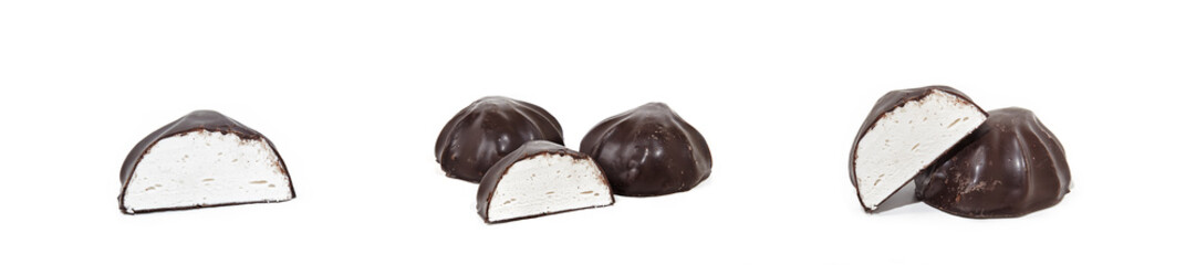 Set of close-up shot of whole marshmallows and one half covered with chocolate isolated on white background. Yummy mini dessert, closeup