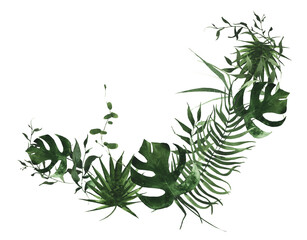Watercolor arched exotic greenery frame. Dark green exotic palm branches, monstera leaves, fern twigs. © satika