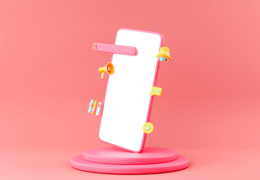 3D Render of Smart Mobile Phone Social Media and App Presentation Mockup