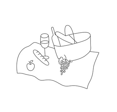 recommend clip art: Vector isolated picnic basket with wine on the cover colorless black and white contour line doodle drawing