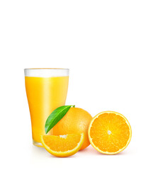 100% orange juice glass with oranges and orange slices isolated on white background