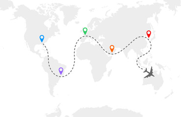 A gray airplane flying over a world map. Gray dashed route line and colored stop icons. Vector illustration
