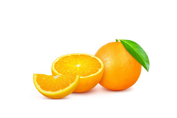 whole oranges, oranges cut in half and cut into small pieces with green leaves isolated on a white background