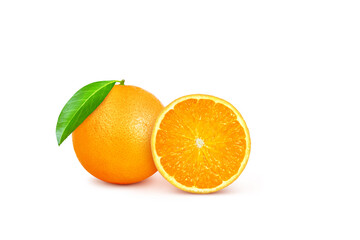 whole oranges, oranges cut in half with green leaves isolated on a white background