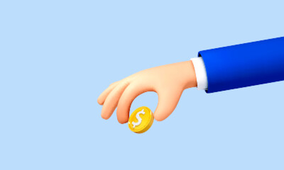 3D cartoon hand holding coin with dollar sign isolated on blue background. Vector 3d illustration