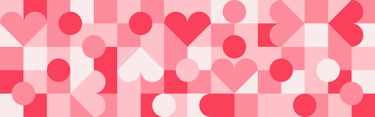 Seamless pink background for Mother's Day card template. Trendy geometric shapes with circles, squares and hearts in retro style for a Valentine's Day or wedding day cover.