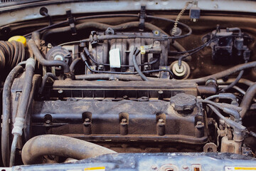 Dirty engine oil stains that have not been maintained. The concept of engine dirt can cause engine failure.