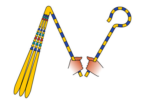 Crook and flail, symbols in ancient Egypt. Heka and nekhakha, originally attributes of god Osiris, became pharaoh authority insignia. Shepherd crook for kingship, and flail for fertility of the land.