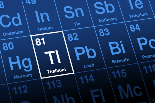 Thallium, on periodic table of elements. Post-transition metal with symbol Tl, from Greek thallos, meaning green shoot. Atomic number 81. Used in the electronics industry and in glass manufacturing.