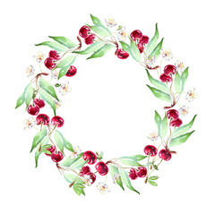 Cherry wreath. Watercolor clipart