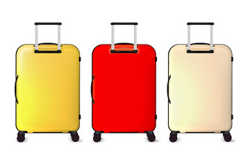 3d vector illustration set of luggage suitcase travel bags. Journey baggage cases on wheels with handles, realistic vacation tourist bag. Airport carry briefcase, plastic voyage trolley.