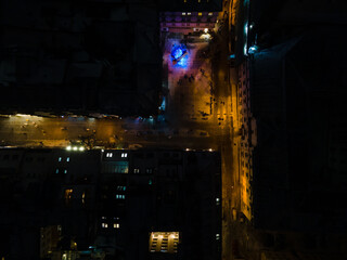 overhead view of night city street