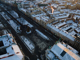 Fototapeta premium overhead view of city center at christmas holidays