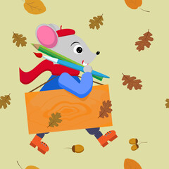 The mouse artist in a red beret and scarf, with a brush, pencil and easel goes to the autumn plein air during the fall of the leaves. Various leaves are falling around. Seamless pattern.