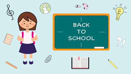 Welcome Back to school.  Education. A girl dressed in school uniform in classroom. Primary pupils. Text on blue board, school doodles background - books, pens, textbooks.
