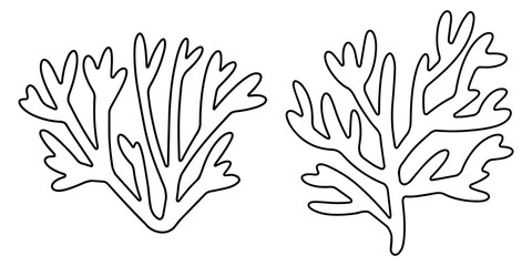 Two hand-drawn corals coloring page for children and adults. Sea creature corals black outline isolated on white. Funny tropical ocean coral reef cartoon design elements © Anastasia Rybalka