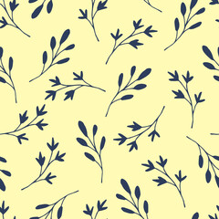 Simple calm floral vector seamless pattern in pastel colors. Small dark blue flowers, twigs on a light yellow-beige background. For fabric prints, textiles.