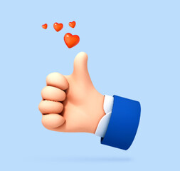 3D cartoon thumb up hand gesture isolated on blue background. Hand thumb up or like sign. Social media concept. Vector 3d illustration