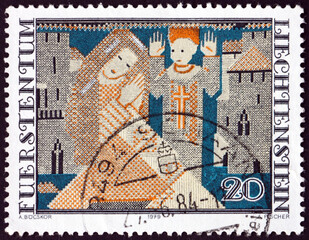 Postage stamp Liechtenstein 1979 annunciation, Ferdinand Nigg embroidery, Christmas