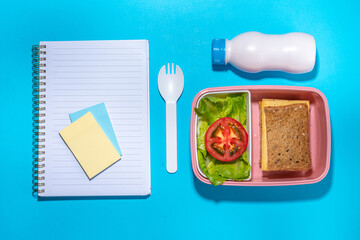 Healthy school meal, back to school concept. Children packed lunch box with balanced diet snack...