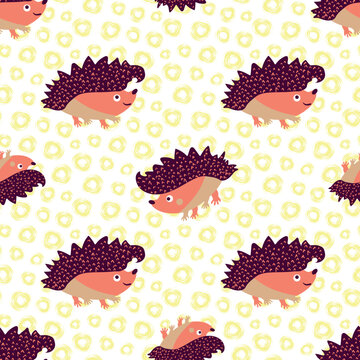 Cute Vector Spiky, Prickly, Hedgehog Seamless Pattern Background. Kawaii Hedgehogs On Bubble Backdrop. Cartoon Character Forest Animal Wandering About. Adorable Garden Critters For Children, Education