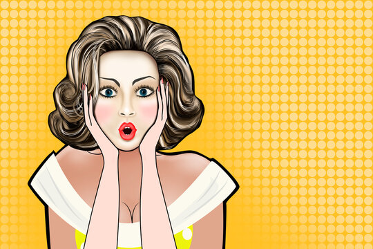 Woman with a surprised face drawn in pop art style on a yellow polka dot background.