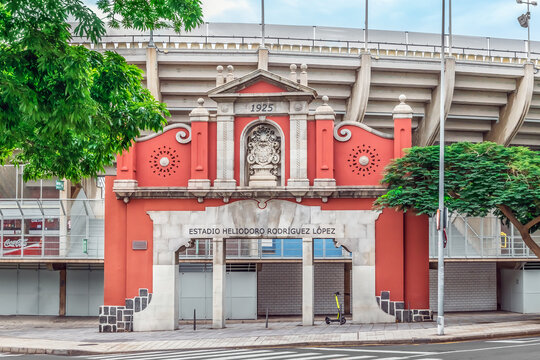 Santa Cruz de Tenerife, Spain - November 25, 2021: Central entrance to the Estadio Heliodoro Rodriguez Lopez Football Stadium in Santa Cruz. Ancient gate with coat of arms - outside view