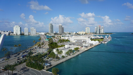Aerial view of waterfront residential and office buildings Biscayne Bay on sunny cloudless morning...