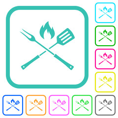 Barbecue fork and spatula with flame vivid colored flat icons