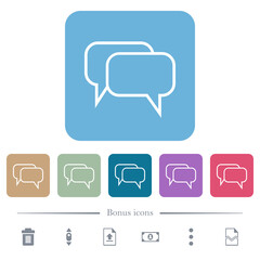 Two rounded square chat bubbles outline flat icons on color rounded square backgrounds