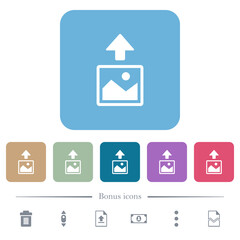 Upload image flat icons on color rounded square backgrounds