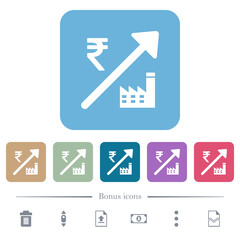 Rising power plant Indian Rupee prices flat icons on color rounded square backgrounds