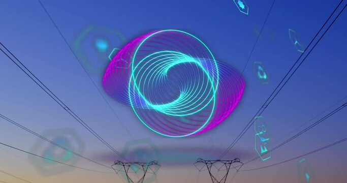 Animation of ecology icons and circles over pylons