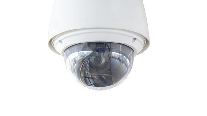 Closeup of white dome type cctv digital security camera installed on ceiling for observation....