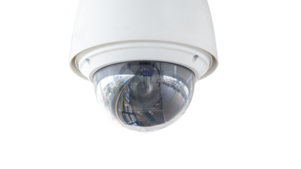 Closeup of white dome type cctv digital security camera installed on ceiling for observation. Cutout png format with no background.