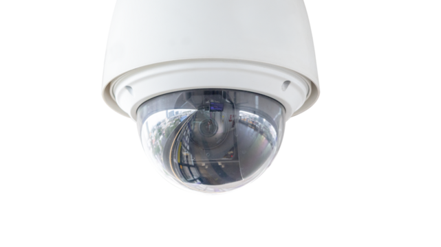 Closeup of white dome type cctv digital security camera installed on ceiling for observation. Cutout png format with no background.