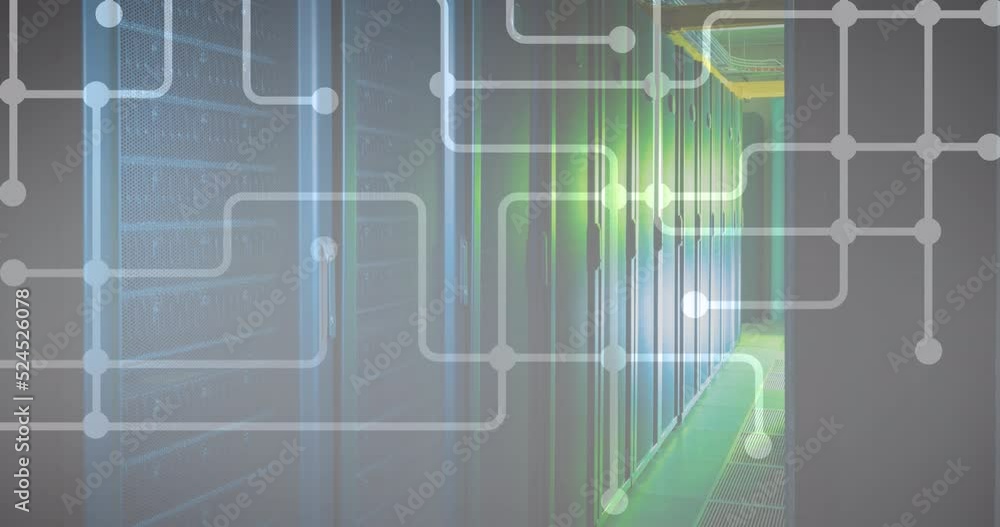 Poster digital composite of dots interconnecting with lines over server room