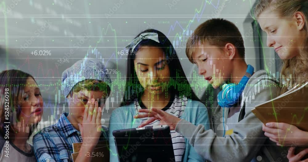 Poster animation of interface with graphs, soundwave, data over multiracial students studying over tablet