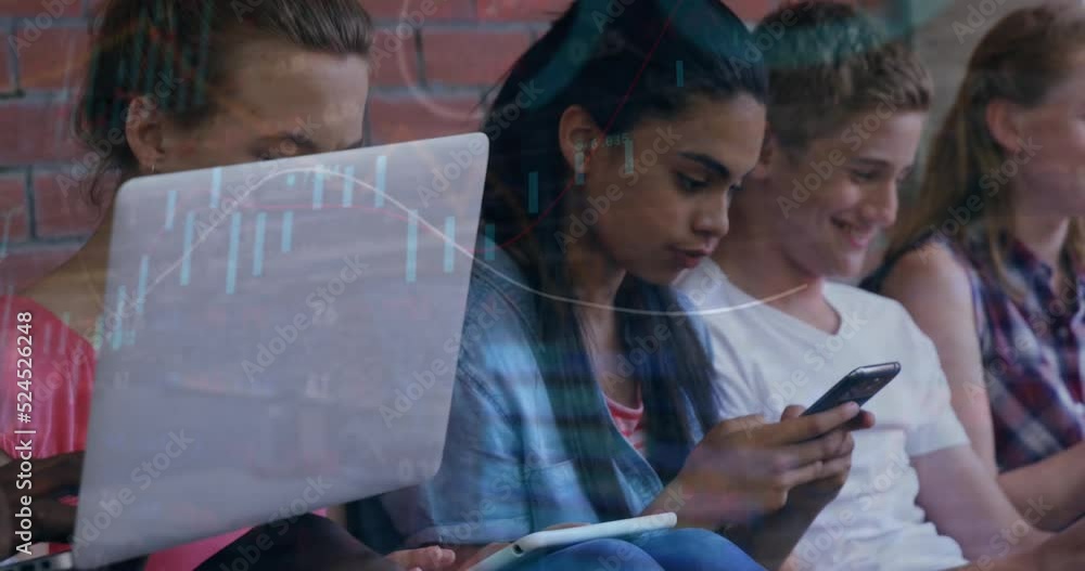 Poster animation of trading board with graphs over multiracial young students using technology