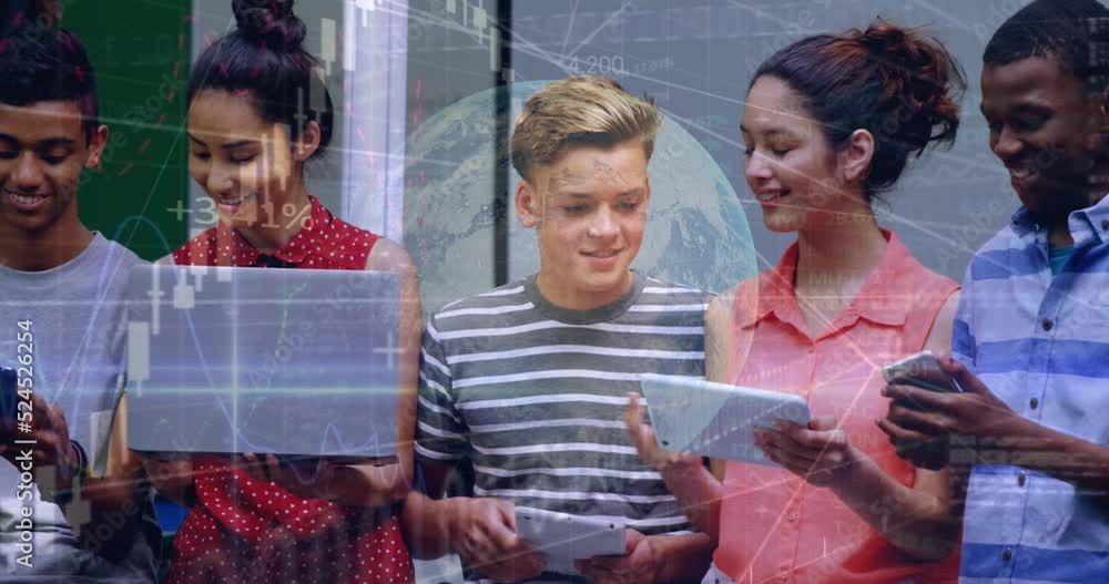 Poster animation of globe, graphs and codes over multiracial students discussing while using technology