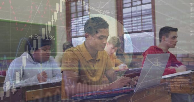 Animation of globe, graphs, programming data over multiracial students using laptops in classroom