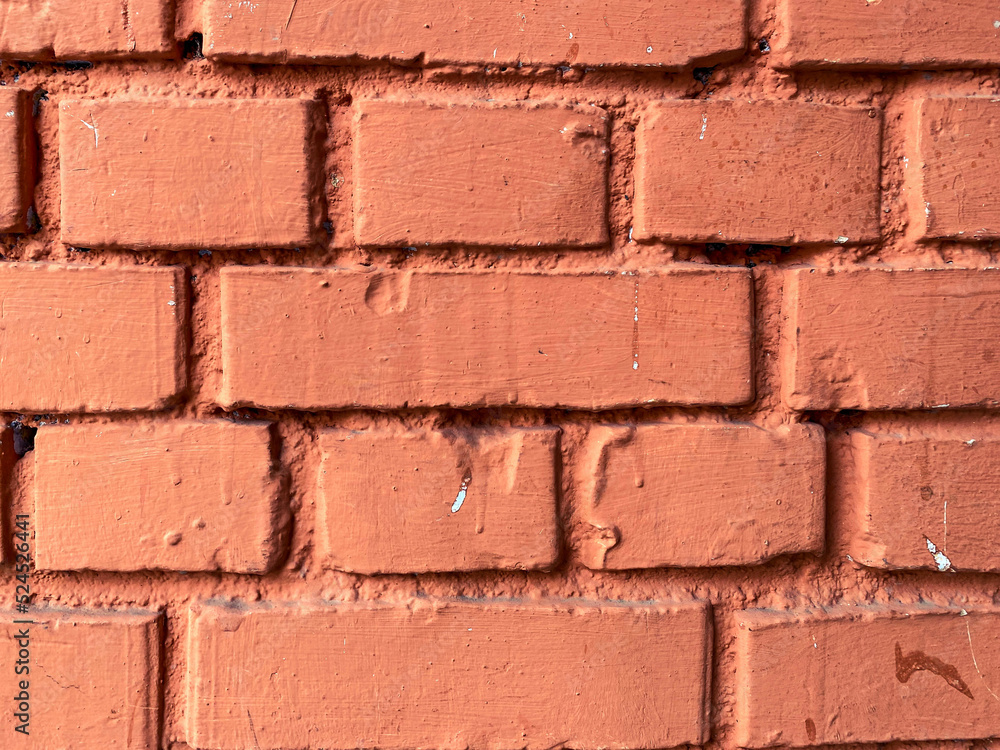 Poster texture, background. bricks are laid in one row and covered with a layer of red paint. volumetric 3d
