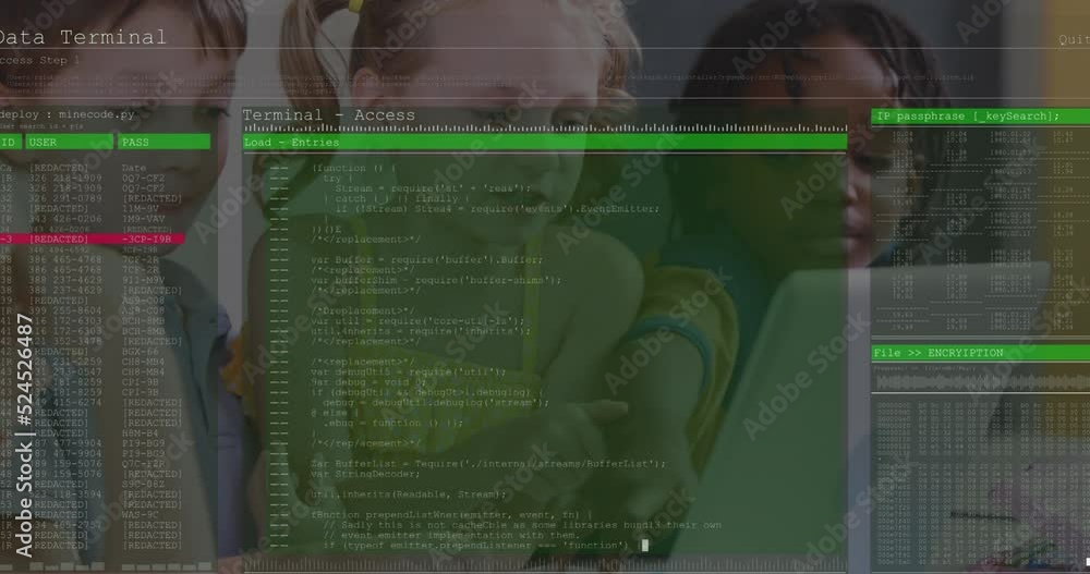 Poster animation of data processing over diverse schoolchildren using laptop