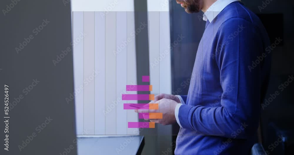 Poster animation of data processing over biracial businessman using smartphone