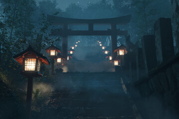 3d rendering of an old japanese shrine with red torii gate and wooden illuminated lantern at foggy night