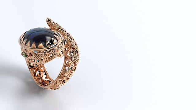 beautiful male or female snake or serpent ring color stones yellow or rose or white gold or platinum 3d render