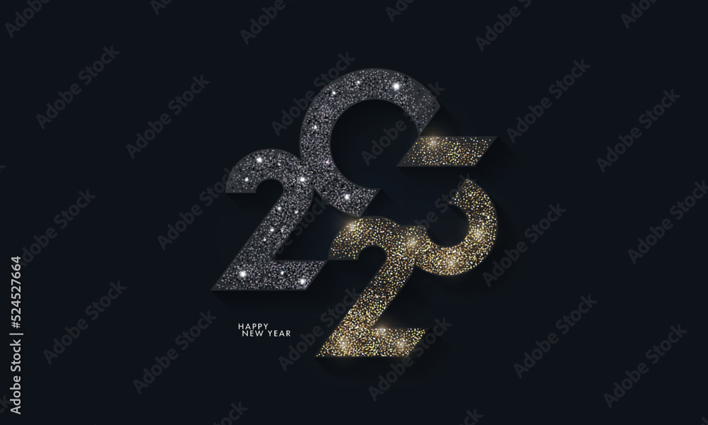 Wall mural happy new year modern design with 2023 logo made of glittering black and gold numbers on night sky b