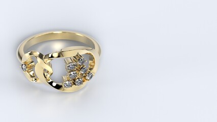 beautiful female ring color gem stone rose or yellow or white gold or platinum 3d render
