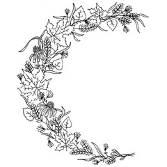 Hand drawn floral autumn wreath. Liner